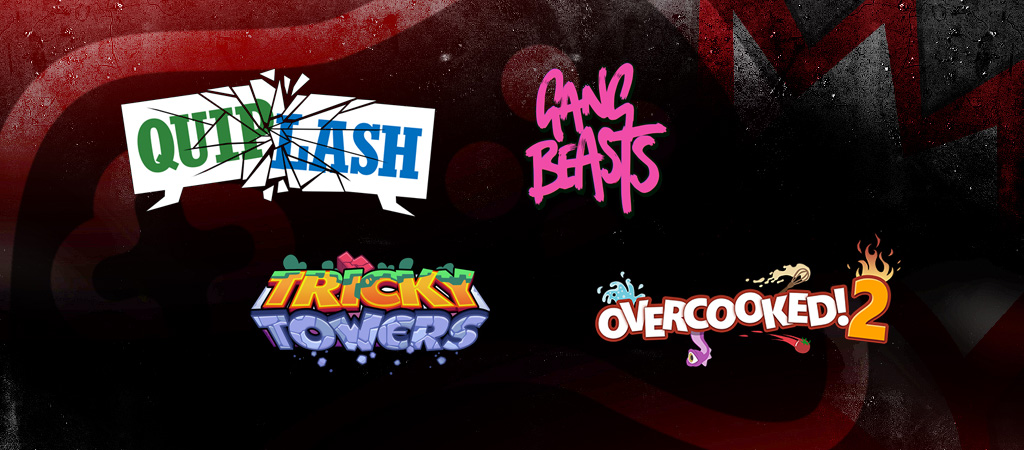 Logos der Spiele Quiplash, Gang Beasts, Tricky Towers und Overcooked! 2